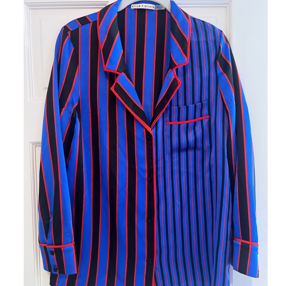 Alice and Olivia, Blue Black Red Striped Satin Blouse, Size S/P, Minor Damage